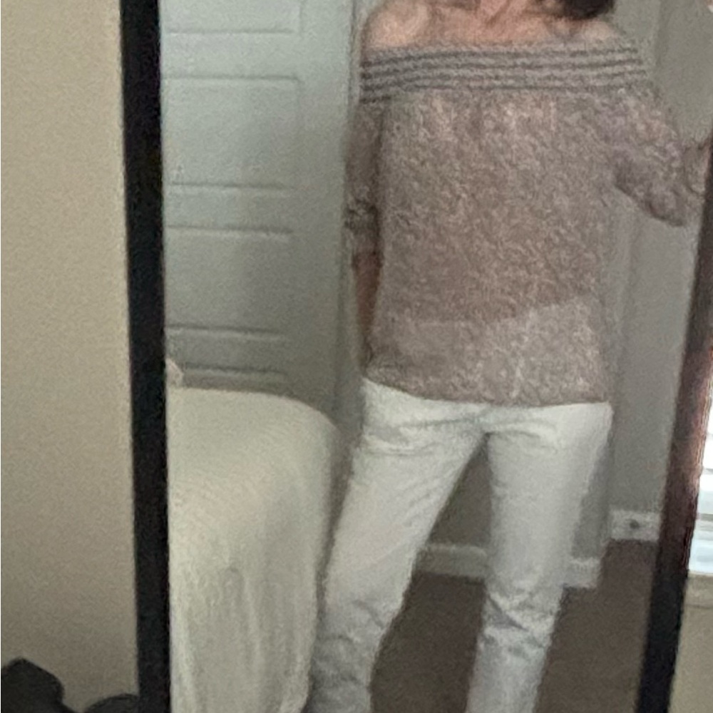 Rebecca Minkoff off shoulder Semi-sheer top w/lurex threads